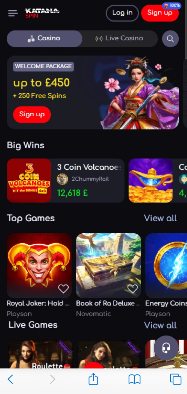 Open the KatanaSpin website in the browser on your iOS device.