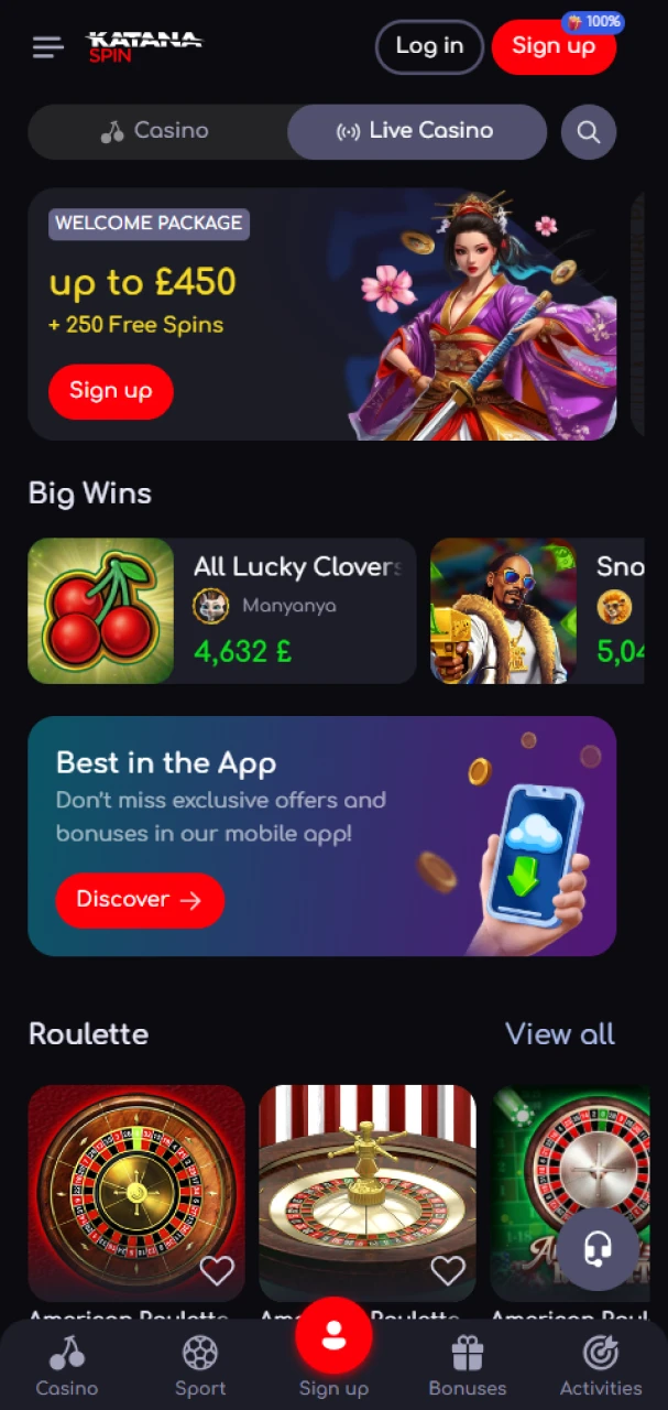 Play live casino games on the KatanaSpin app.