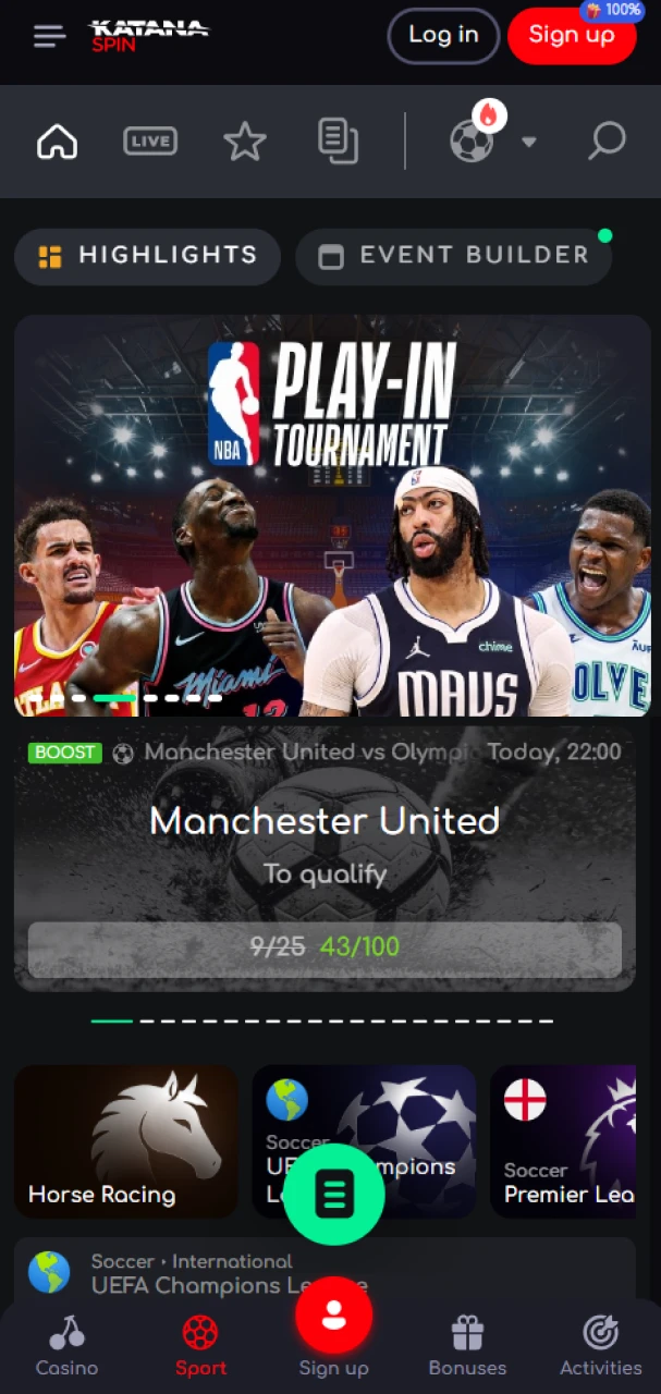 Select your favorite sport to bet on in the KatanaSpin app.