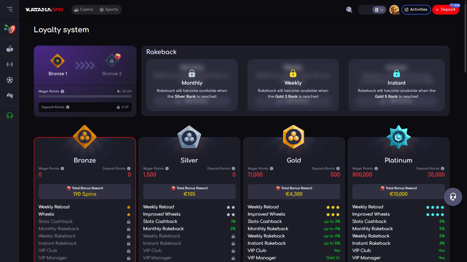 Collect points to increase your rank in KatanaSpin.