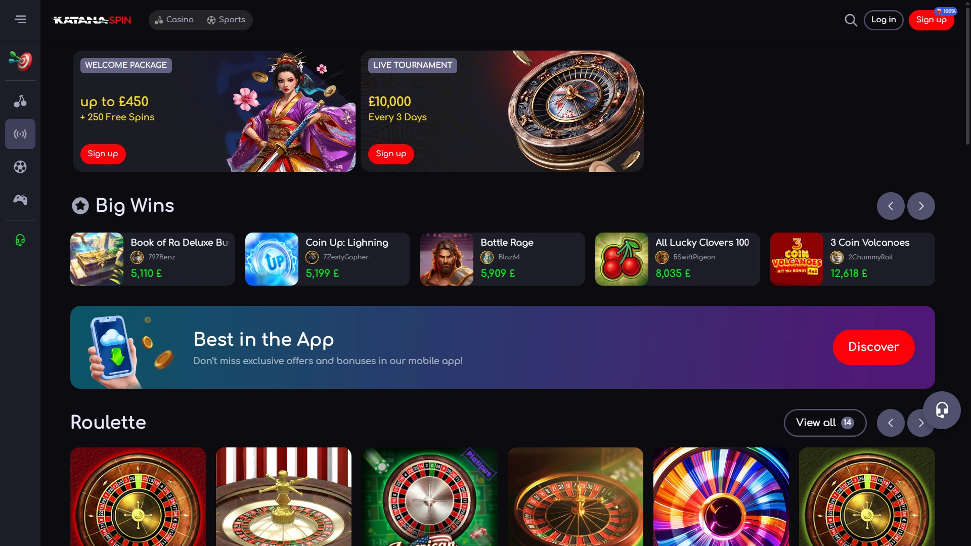 Play roulette, blackjack, game shows and other games at KatanaSpin.