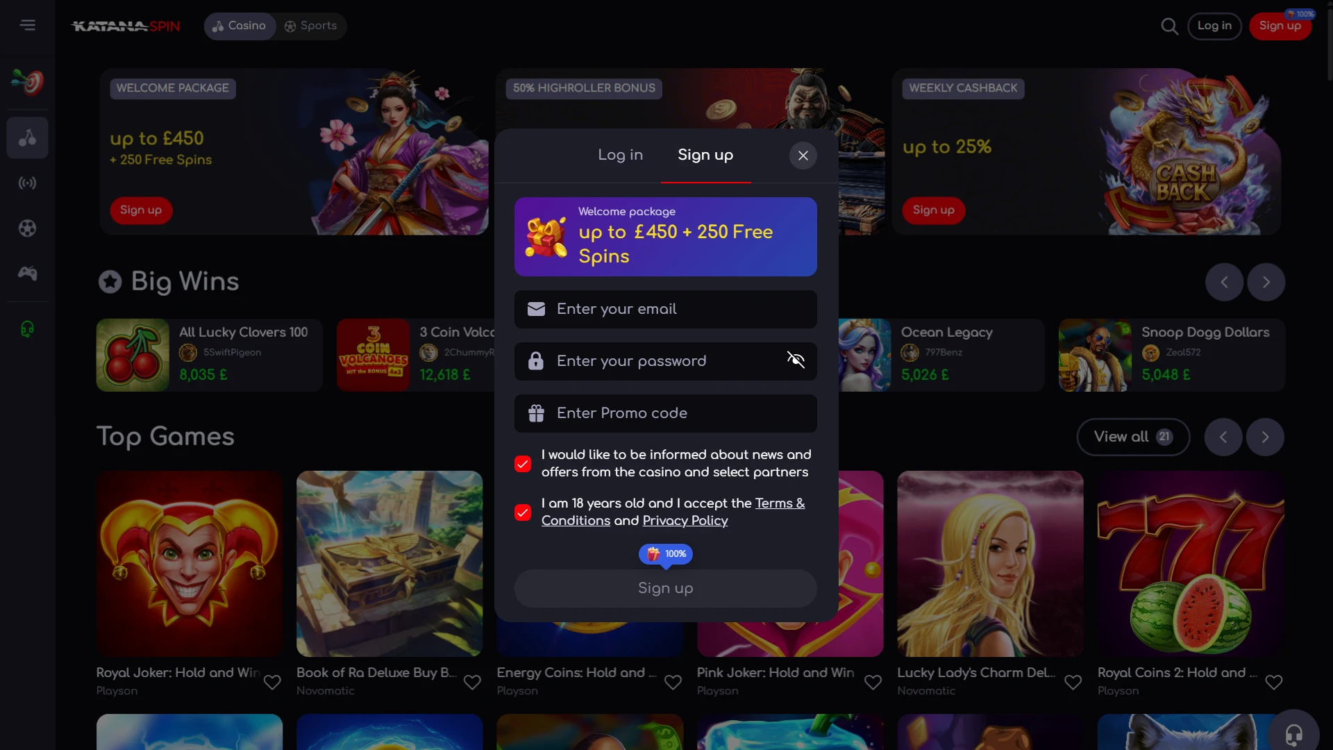 Register at KatanaSpin to play, bet and get bonuses.