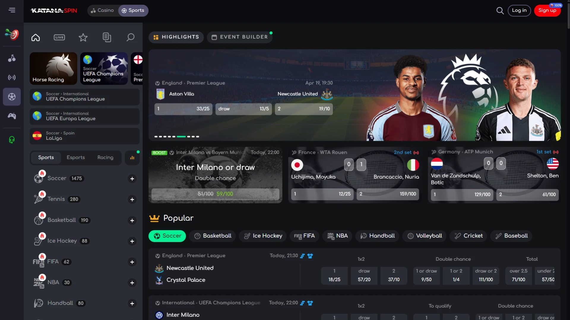 Bet on a variety of sports at KatanaSpin bookmaker.