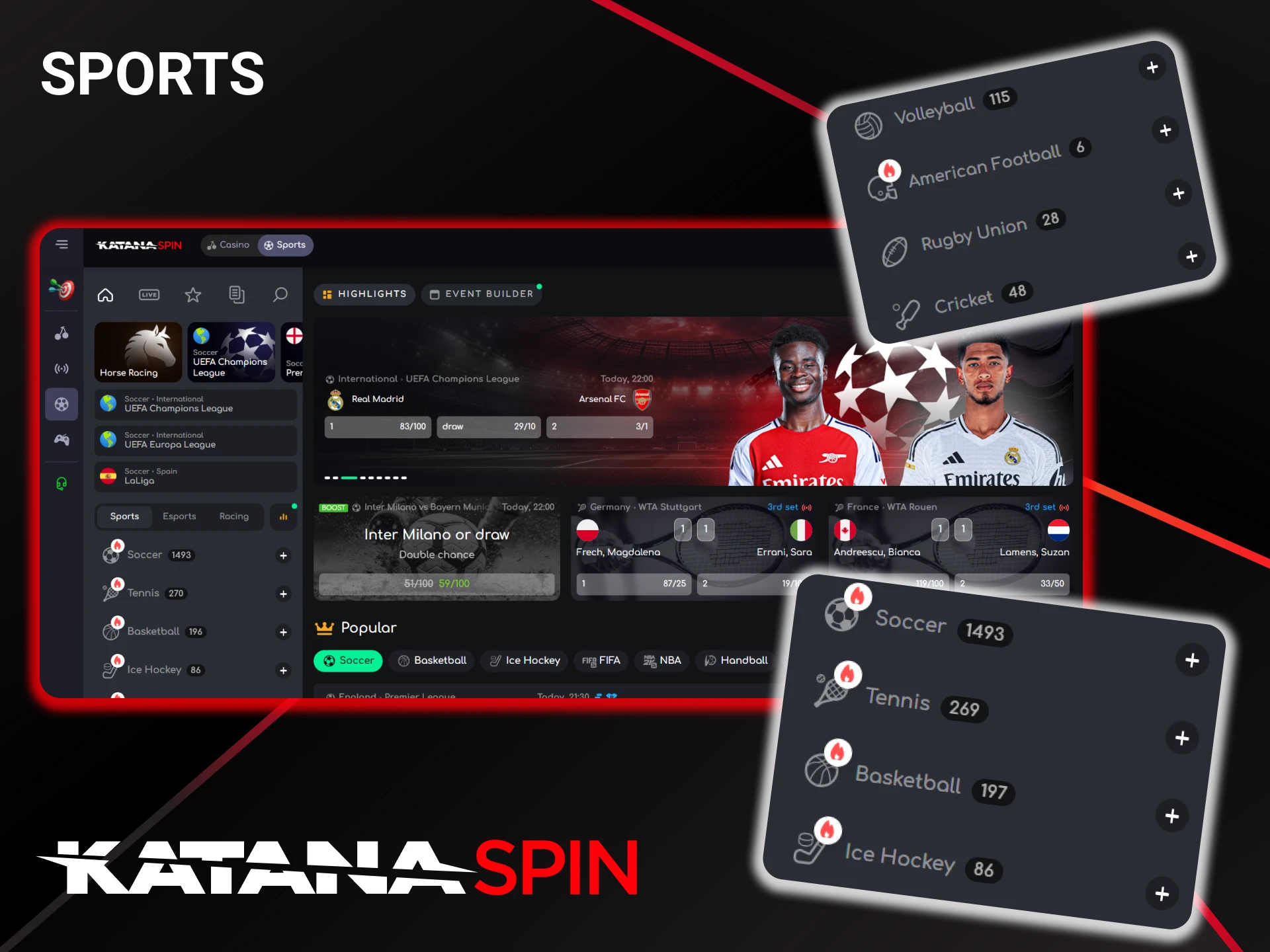 Place bets on soccer, cricket, basketball and other sports at KatanaSpin.