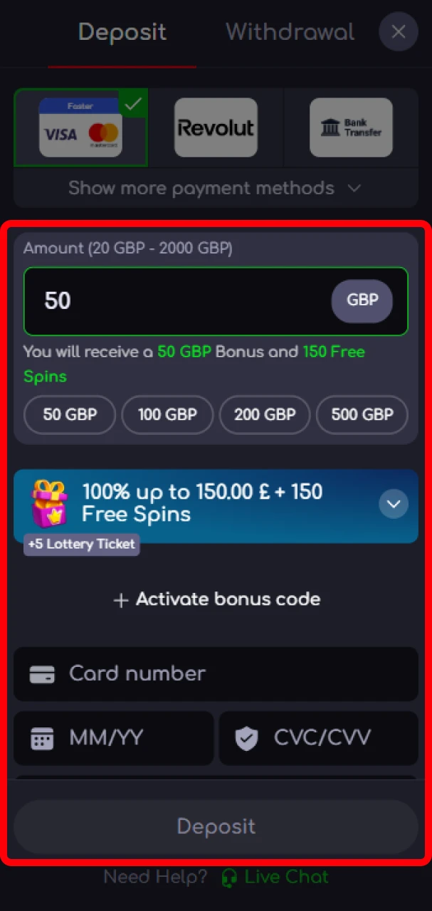 Add the amount and details for the KatanaSpin deposit.