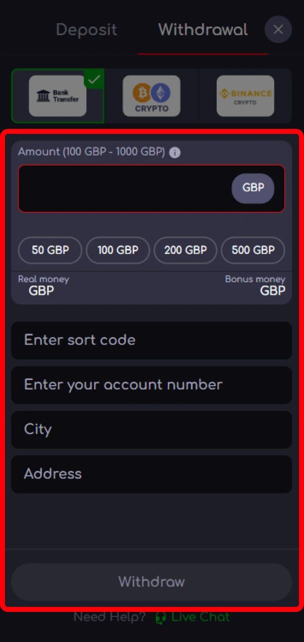Enter the KatanaSpin withdrawal amount and other data.