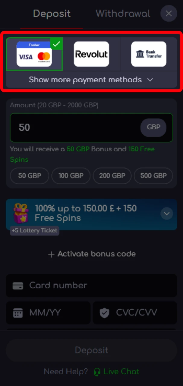 Choose a payment method to deposit to your KatanaSpin account.