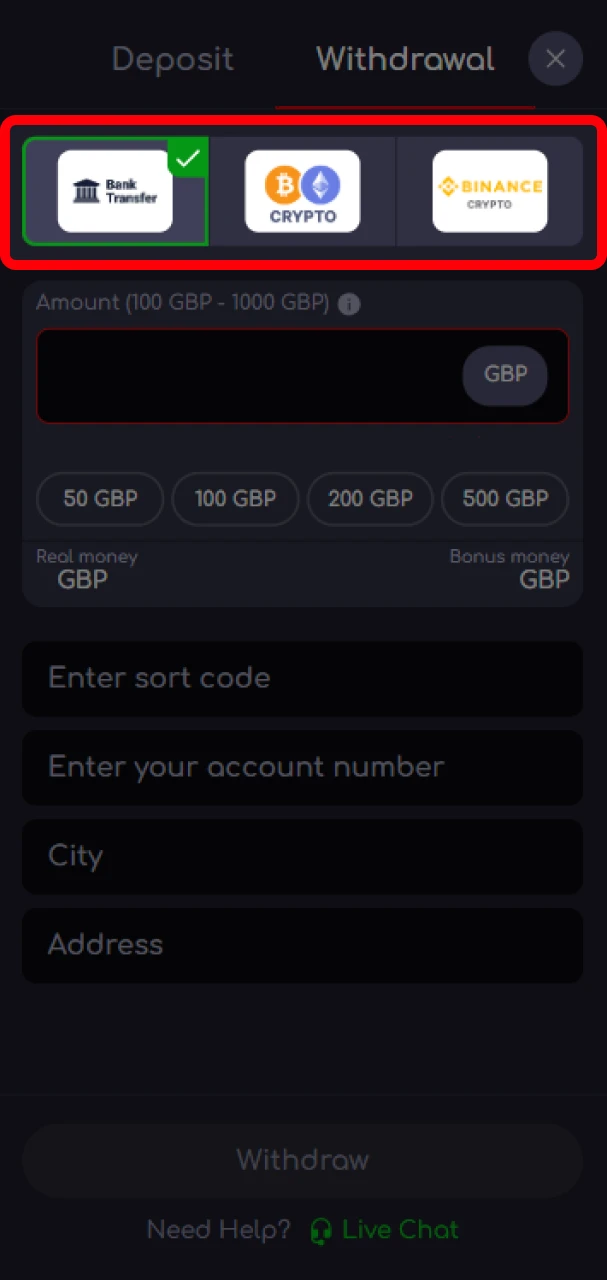 Select the withdrawal method available at KatanaSpin.