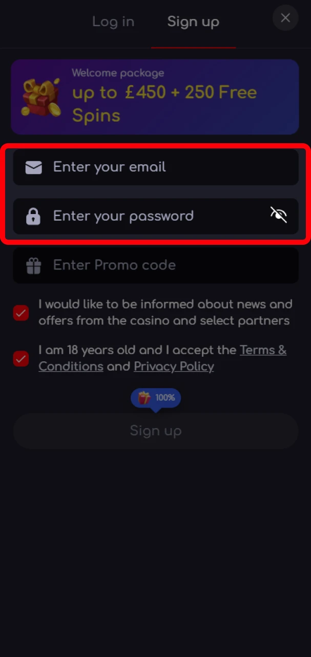 Fill out the required fields to create a KatanaSpin account.