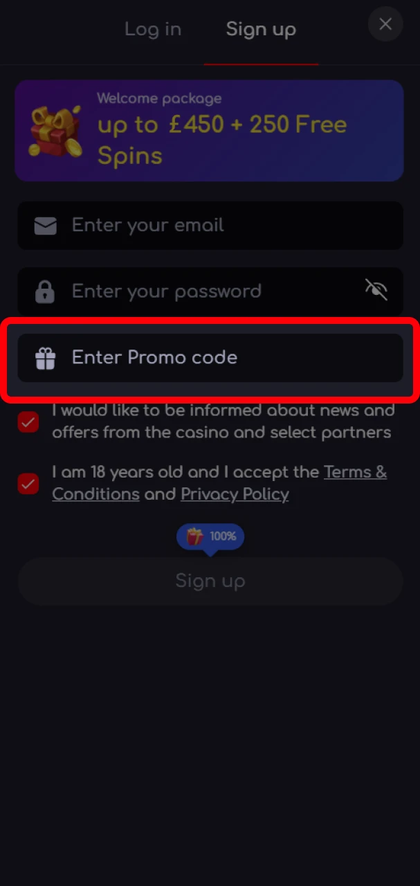 Enter the KatanaSpin promo code if you have it.
