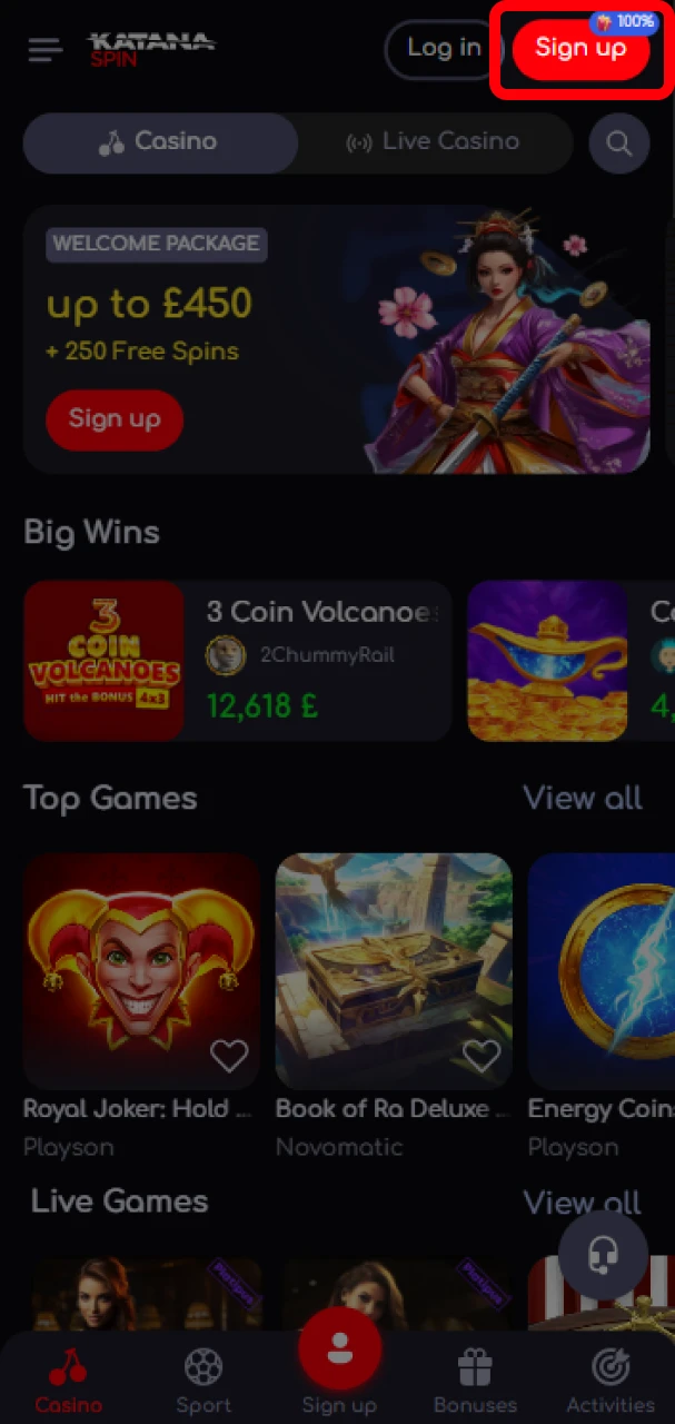 Click on the Sign Up button to register at KatanaSpin.