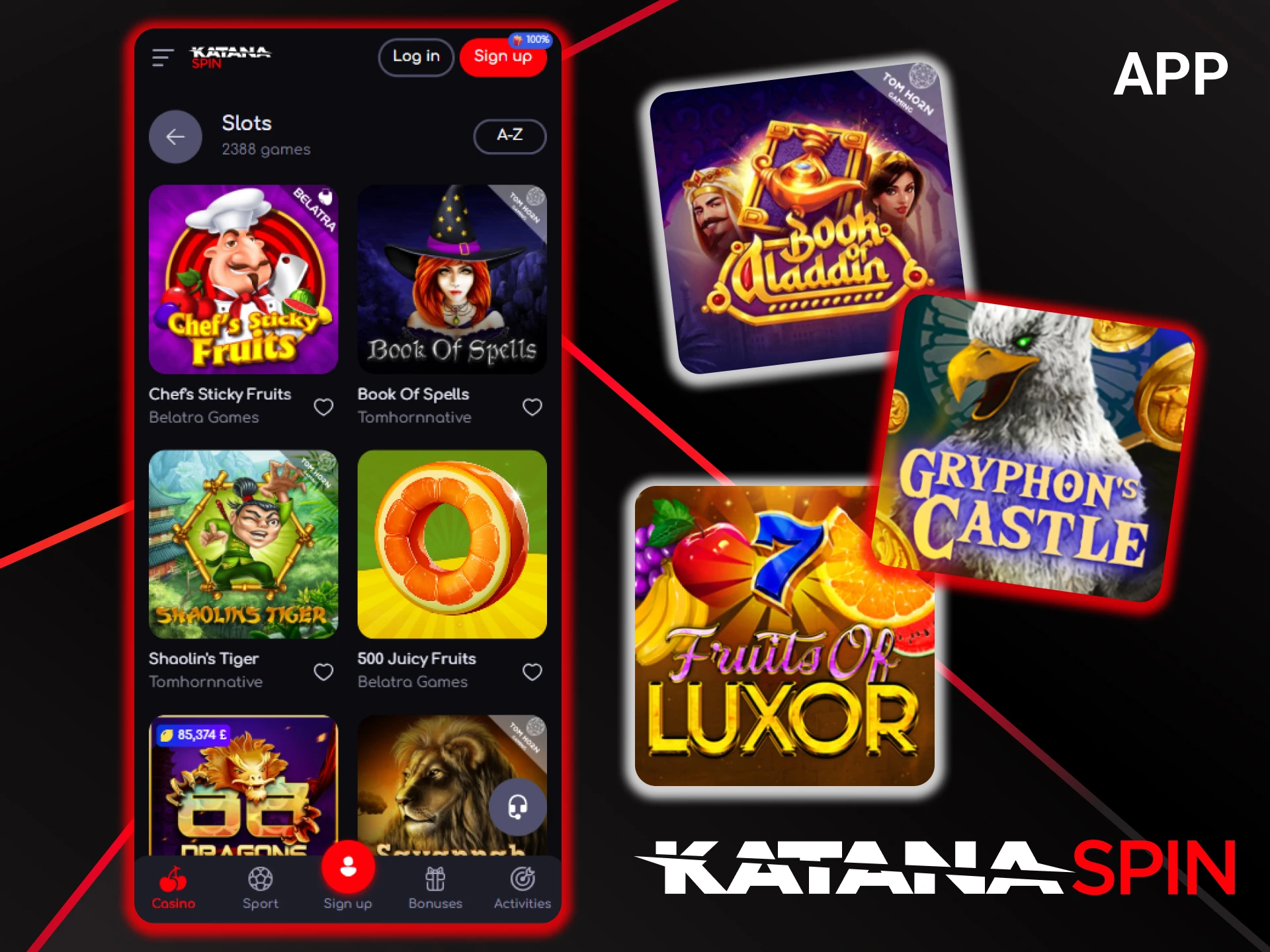 Play slot games through the KatanaSpin mobile app.