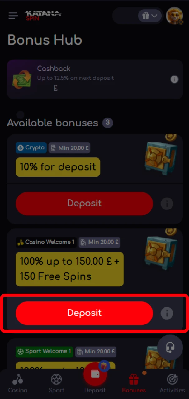 Fund your KatanaSpin account to receive a welcome bonus.