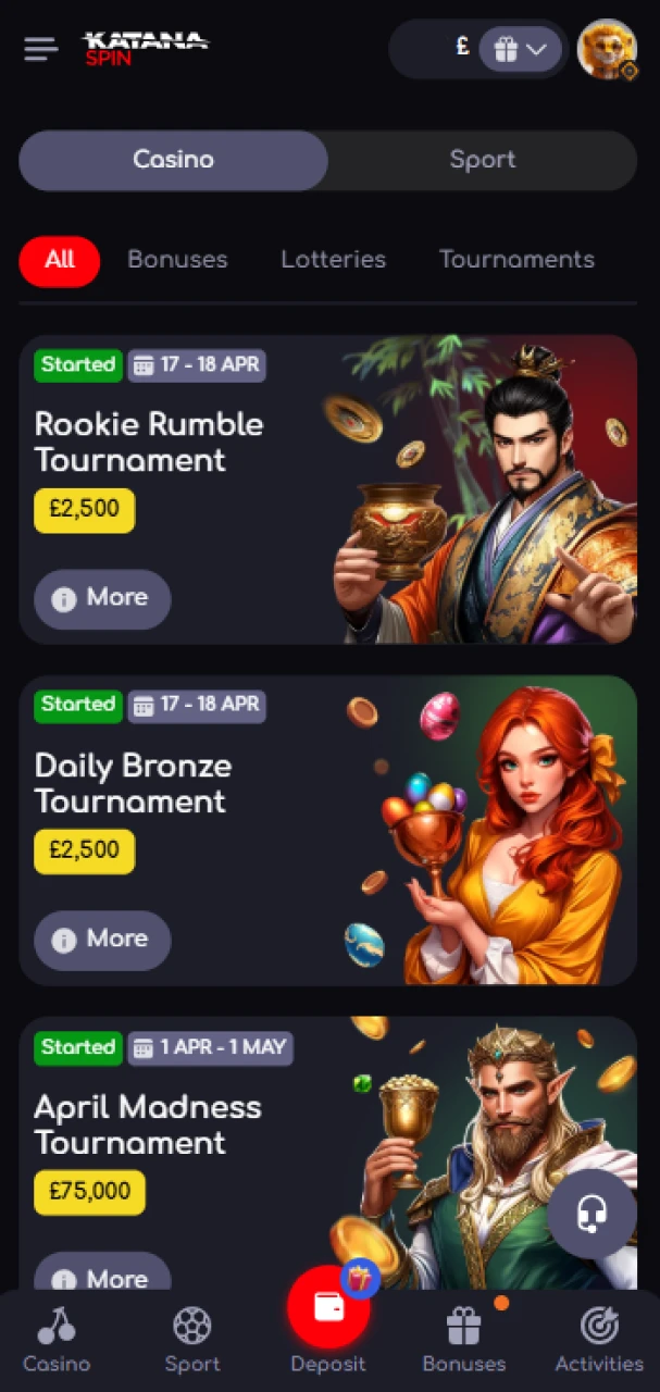 Get a KatanaSpin welcome bonus after making a deposit.