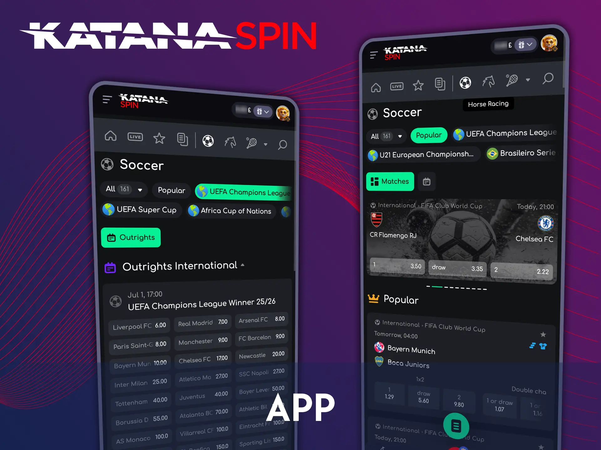 Katanaspin offers online betting on football with an app.