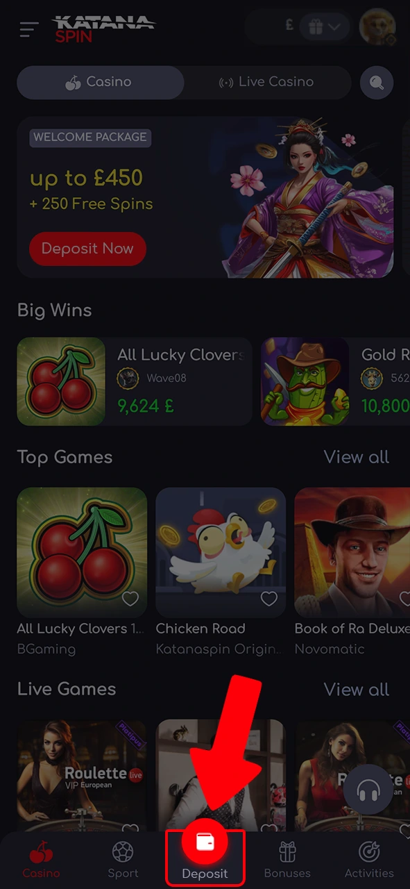 Click on the Katanaspin account top-up button.