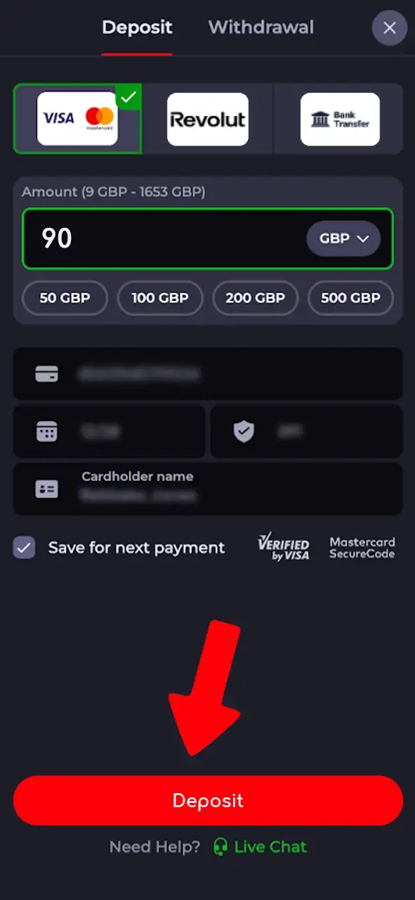 Make a deposit on Katanaspin by choosing payment method, entering amount, and completing the transaction.