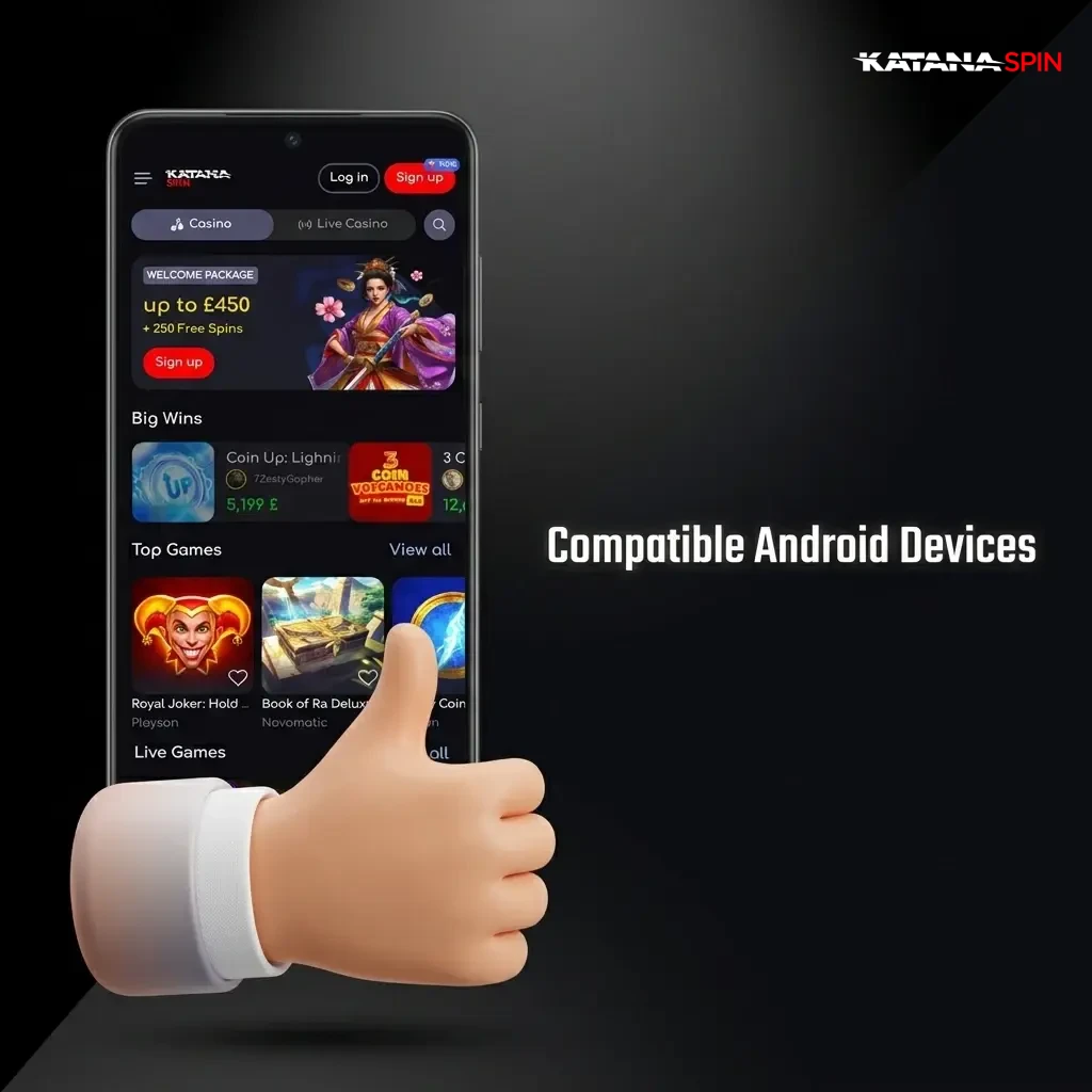 KatanaSpin app compatible Android devices including Samsung Galaxy, Google Pixel, OnePlus, Xiaomi, Oppo, Sony, Motorola models