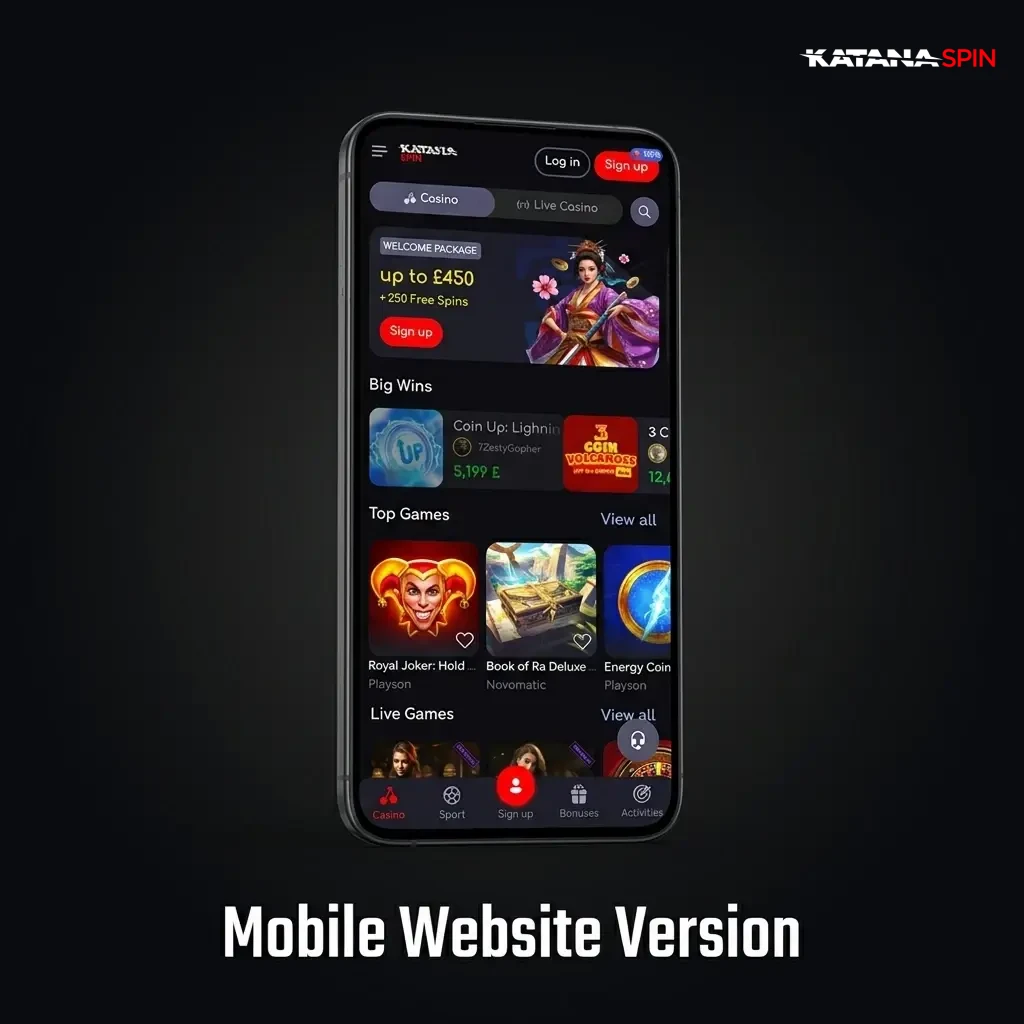 KatanaSpin mobile website browser version showing sports betting, casino games, and account tools on a smartphone
