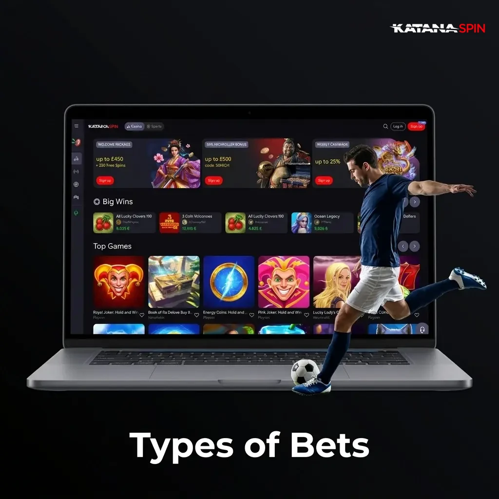 KatanaSpin betting types guide showing single, accumulator, and system bet options for sports wagering